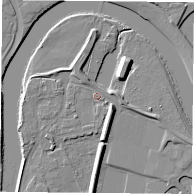 Shaded relief map of the ground around NG117AB, computed from Environment Agency LiDAR. The ground here sits at about 25 m above sea level and falls 10 m across the surrounding 800 m. Surface water reaching this point runs off ground lying to the south-east, 7.1 m higher.