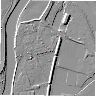 Shaded relief map of the ground around NG117AE, computed from Environment Agency LiDAR. The ground here sits at about 25 m above sea level and falls 10 m across the surrounding 800 m. Surface water reaching this point runs off ground lying to the west-south-west, 0.9 m higher.