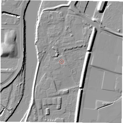 Shaded relief map of the ground around NG117AF, computed from Environment Agency LiDAR. The ground here sits at about 23 m above sea level and falls 11 m across the surrounding 800 m. Surface water reaching this point runs off ground lying to the north-north-west, 2.7 m higher.