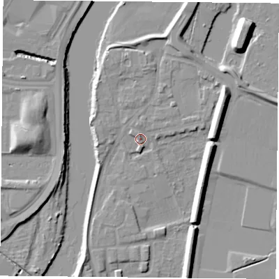Shaded relief map of the ground around NG117AG, computed from Environment Agency LiDAR. The ground here sits at about 25 m above sea level and falls 11 m across the surrounding 800 m. Surface water reaching this point runs off ground lying to the north, 2.2 m higher.