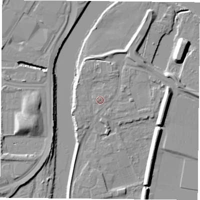 Shaded relief map of the ground around NG117AH, computed from Environment Agency LiDAR. The ground here sits at about 25 m above sea level and falls 11 m across the surrounding 800 m. Surface water reaching this point runs off ground lying to the west, 0.6 m higher.