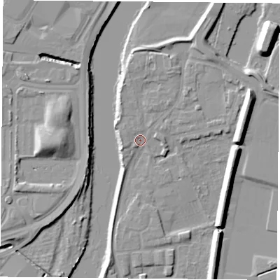 Shaded relief map of the ground around NG117AJ, computed from Environment Agency LiDAR. The ground here sits at about 24 m above sea level and falls 11 m across the surrounding 800 m. Surface water reaching this point runs off ground lying to the north, 3.4 m higher.