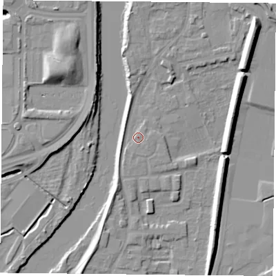 Shaded relief map of the ground around NG117AL, computed from Environment Agency LiDAR. The ground here sits at about 24 m above sea level and falls 11 m across the surrounding 800 m. Surface water reaching this point runs off ground lying to the south-east, 1.2 m higher.