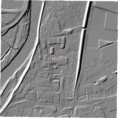 Shaded relief map of the ground around NG117AN, computed from Environment Agency LiDAR. The ground here sits at about 23 m above sea level and falls 19 m across the surrounding 800 m. Surface water reaching this point runs off ground lying to the east, 7.8 m higher.