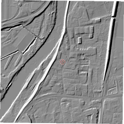 Shaded relief map of the ground around NG117AP, computed from Environment Agency LiDAR. The ground here sits at about 25 m above sea level and falls 18 m across the surrounding 800 m. Surface water reaching this point runs off ground lying to the west, 2.5 m higher.