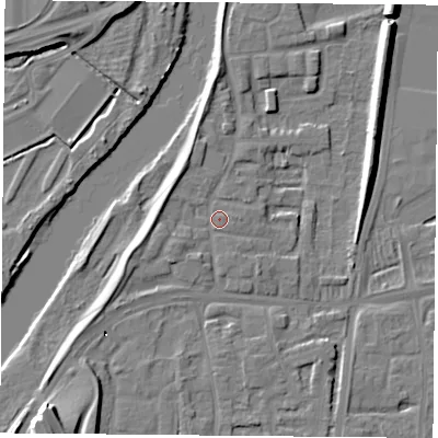 Shaded relief map of the ground around NG117AR, computed from Environment Agency LiDAR. The ground here sits at about 25 m above sea level and falls 21 m across the surrounding 800 m. Surface water reaching this point runs off ground lying to the west-north-west, 2.6 m higher.