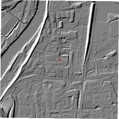 Shaded relief map of the ground around NG117AS, computed from Environment Agency LiDAR. The ground here sits at about 24 m above sea level and falls 21 m across the surrounding 800 m. Surface water reaching this point runs off ground lying to the west, 2.1 m higher.