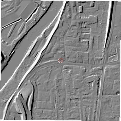 Shaded relief map of the ground around NG117AT, computed from Environment Agency LiDAR. The ground here sits at about 25 m above sea level and falls 22 m across the surrounding 800 m. Surface water reaching this point runs off ground lying to the west, 2.9 m higher.