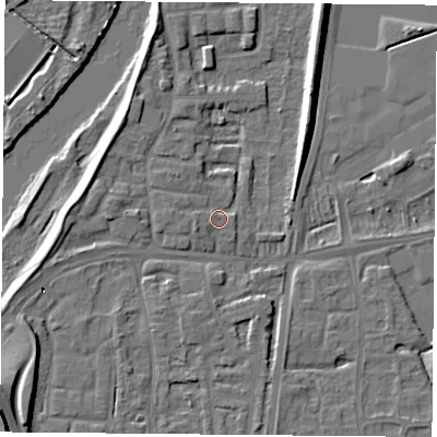 Shaded relief map of the ground around NG117AU, computed from Environment Agency LiDAR. The ground here sits at about 24 m above sea level and falls 22 m across the surrounding 800 m. Surface water reaching this point runs off ground lying to the west-south-west, 0.6 m higher.