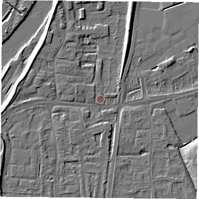 Shaded relief map of the ground around NG117AW, computed from Environment Agency LiDAR. The ground here sits at about 23 m above sea level and falls 18 m across the surrounding 800 m. Surface water reaching this point runs off ground lying to the west, 4.5 m higher.