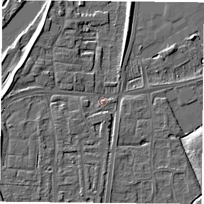 Shaded relief map of the ground around NG117AX, computed from Environment Agency LiDAR. The ground here sits at about 24 m above sea level and falls 18 m across the surrounding 800 m. Surface water reaching this point runs off ground lying to the west, 4.4 m higher.