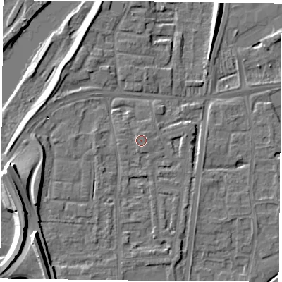 Shaded relief map of the ground around NG117AY, computed from Environment Agency LiDAR. The ground here sits at about 26 m above sea level and falls 22 m across the surrounding 800 m. Surface water reaching this point runs off ground lying to the west, 0.7 m higher.