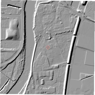 Shaded relief map of the ground around NG117BA, computed from Environment Agency LiDAR. The ground here sits at about 24 m above sea level and falls 11 m across the surrounding 800 m. Surface water reaching this point runs off ground lying to the north, 3.4 m higher.