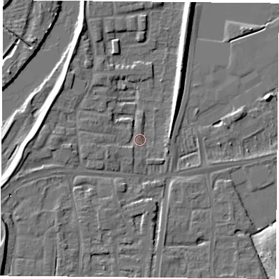 Shaded relief map of the ground around NG117BD, computed from Environment Agency LiDAR. The ground here sits at about 23 m above sea level and falls 18 m across the surrounding 800 m. Surface water reaching this point runs off ground lying to the north-east, 5.6 m higher.