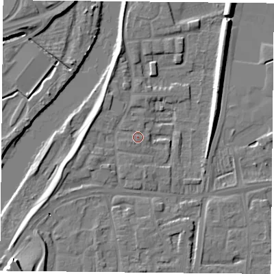 Shaded relief map of the ground around NG117BE, computed from Environment Agency LiDAR. The ground here sits at about 25 m above sea level and falls 21 m across the surrounding 800 m. Surface water reaching this point runs off ground lying to the west-south-west, 1.1 m higher.