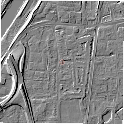 Shaded relief map of the ground around NG117BG, computed from Environment Agency LiDAR. The ground here sits at about 25 m above sea level and falls 22 m across the surrounding 800 m. Surface water reaching this point runs off ground lying to the west-south-west, 22.1 m higher.