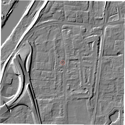 Shaded relief map of the ground around NG117BH, computed from Environment Agency LiDAR. The ground here sits at about 25 m above sea level and falls 22 m across the surrounding 800 m. Surface water reaching this point runs off ground lying to the south-west, 22.1 m higher.