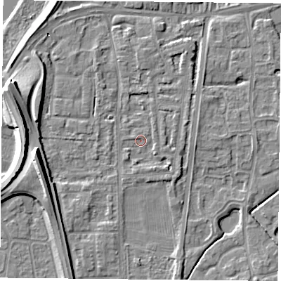Shaded relief map of the ground around NG117BJ, computed from Environment Agency LiDAR. The ground here sits at about 25 m above sea level and falls 22 m across the surrounding 800 m. Surface water reaching this point runs off ground lying to the west, 22.1 m higher.