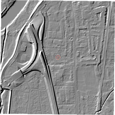 Shaded relief map of the ground around NG117BL, computed from Environment Agency LiDAR. The ground here sits at about 25 m above sea level and falls 22 m across the surrounding 800 m. Surface water reaching this point runs off ground lying to the west-north-west, 22.1 m higher.