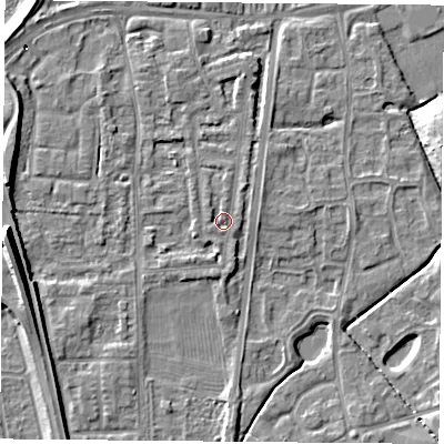 Shaded relief map of the ground around NG117BN, computed from Environment Agency LiDAR. The ground here sits at about 25 m above sea level and falls 22 m across the surrounding 800 m. Surface water reaching this point runs off ground lying to the west-north-west, 18.4 m higher.
