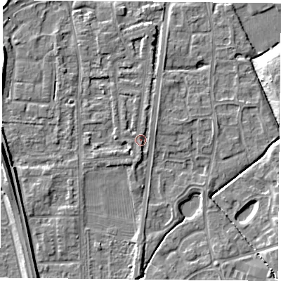 Shaded relief map of the ground around NG117BP, computed from Environment Agency LiDAR. The ground here sits at about 25 m above sea level and falls 21 m across the surrounding 800 m. Surface water reaching this point runs off ground lying to the north, 1.9 m higher.