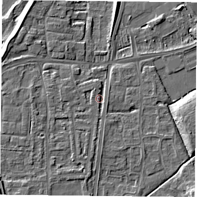 Shaded relief map of the ground around NG117BQ, computed from Environment Agency LiDAR. The ground here sits at about 25 m above sea level and falls 8 m across the surrounding 800 m. Surface water reaching this point runs off ground lying to the west, 2.8 m higher.