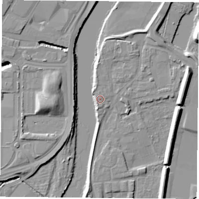Shaded relief map of the ground around NG117BR, computed from Environment Agency LiDAR. The ground here sits at about 25 m above sea level and falls 11 m across the surrounding 800 m. Surface water reaching this point runs off ground lying to the south-south-west, 1.3 m higher.