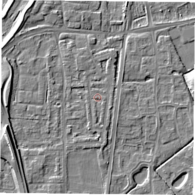 Shaded relief map of the ground around NG117BS, computed from Environment Agency LiDAR. The ground here sits at about 25 m above sea level and falls 22 m across the surrounding 800 m. Surface water reaching this point runs off ground lying to the south-east, 0.8 m higher.