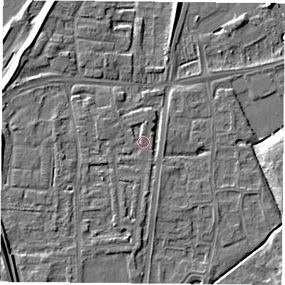 Shaded relief map of the ground around NG117BT, computed from Environment Agency LiDAR. The ground here sits at about 25 m above sea level and falls 21 m across the surrounding 800 m. Surface water reaching this point runs off ground lying to the south-west, 0.9 m higher.