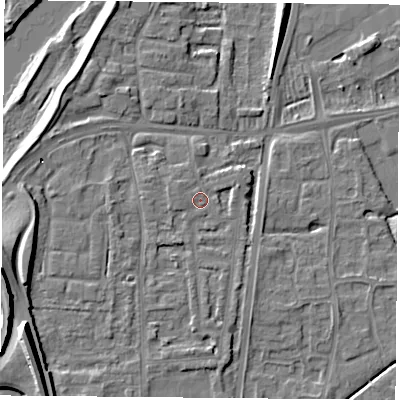 Shaded relief map of the ground around NG117BU, computed from Environment Agency LiDAR. The ground here sits at about 25 m above sea level and falls 22 m across the surrounding 800 m. Surface water reaching this point runs off ground lying to the west-north-west, 2.0 m higher.