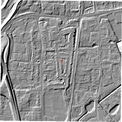 Shaded relief map of the ground around NG117BW, computed from Environment Agency LiDAR. The ground here sits at about 25 m above sea level and falls 22 m across the surrounding 800 m. Surface water reaching this point runs off ground lying to the west-south-west, 0.8 m higher.