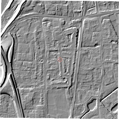 Shaded relief map of the ground around NG117BX, computed from Environment Agency LiDAR. The ground here sits at about 25 m above sea level and falls 22 m across the surrounding 800 m. Surface water reaching this point runs off ground lying to the west-north-west, 1.0 m higher.