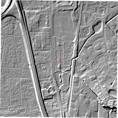 Shaded relief map of the ground around NG117BY, computed from Environment Agency LiDAR. The ground here sits at about 25 m above sea level and falls 14 m across the surrounding 800 m. Surface water reaching this point runs off ground lying to the south-south-west, 5.5 m higher.