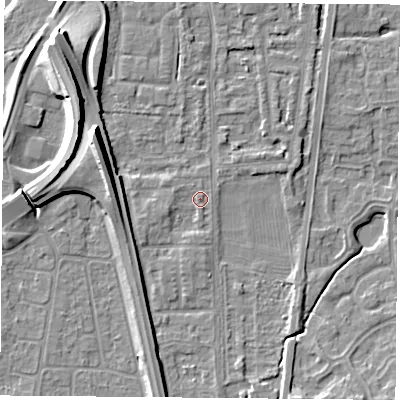 Shaded relief map of the ground around NG117BZ, computed from Environment Agency LiDAR. The ground here sits at about 25 m above sea level and falls 12 m across the surrounding 800 m. Surface water reaching this point runs off ground lying to the west-south-west, 2.6 m higher.