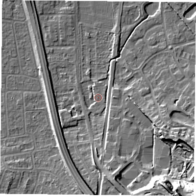 Shaded relief map of the ground around NG117DA, computed from Environment Agency LiDAR. The ground here sits at about 26 m above sea level and falls 23 m across the surrounding 800 m. Surface water reaching this point runs off ground lying to the south-south-west, 1.5 m higher.