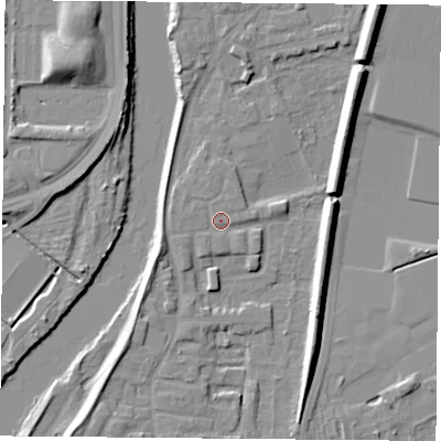Shaded relief map of the ground around NG117DE, computed from Environment Agency LiDAR. The ground here sits at about 24 m above sea level and falls 11 m across the surrounding 800 m. Surface water reaching this point runs off ground lying to the north-north-west, 1.1 m higher.