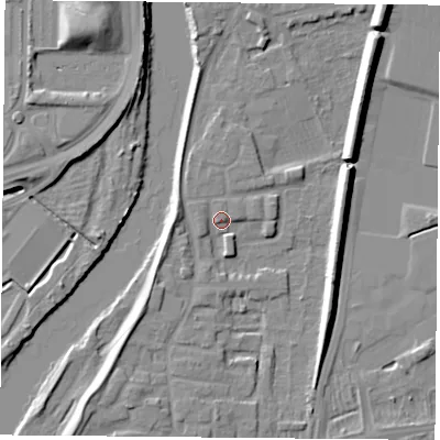 Shaded relief map of the ground around NG117DF, computed from Environment Agency LiDAR. The ground here sits at about 24 m above sea level and falls 11 m across the surrounding 800 m. Surface water reaching this point runs off ground lying to the east-south-east, 7.8 m higher.