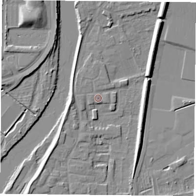 Shaded relief map of the ground around NG117DG, computed from Environment Agency LiDAR. The ground here sits at about 24 m above sea level and falls 11 m across the surrounding 800 m. Surface water reaching this point runs off ground lying to the north, 1.1 m higher.