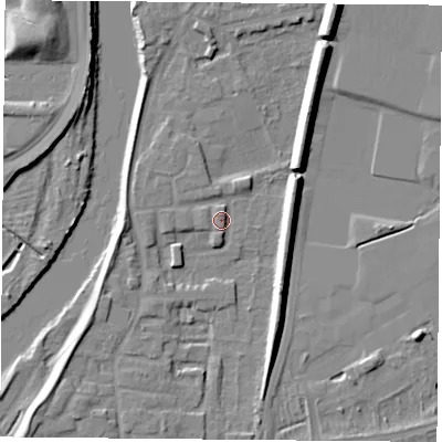 Shaded relief map of the ground around NG117DH, computed from Environment Agency LiDAR. The ground here sits at about 24 m above sea level and falls 11 m across the surrounding 800 m. Surface water reaching this point runs off ground lying to the south-east, 7.8 m higher.