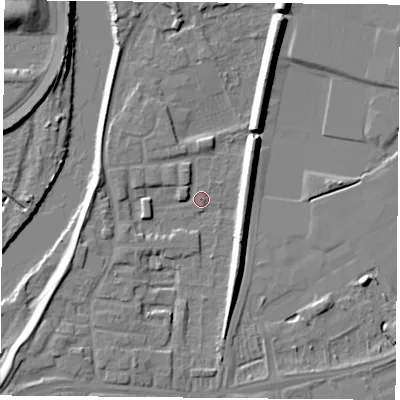 Shaded relief map of the ground around NG117DJ, computed from Environment Agency LiDAR. The ground here sits at about 23 m above sea level and falls 11 m across the surrounding 800 m. Surface water reaching this point runs off ground lying to the south-east, 7.8 m higher.