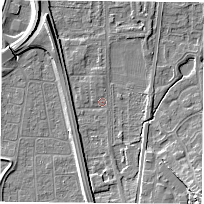 Shaded relief map of the ground around NG117DL, computed from Environment Agency LiDAR. The ground here sits at about 25 m above sea level and falls 13 m across the surrounding 800 m. Surface water reaching this point runs off ground lying to the north-west, 5.0 m higher.