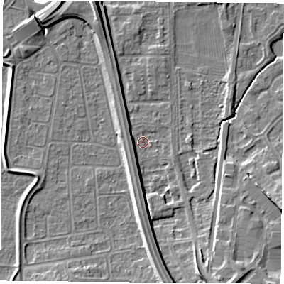 Shaded relief map of the ground around NG117DN, computed from Environment Agency LiDAR. The ground here sits at about 25 m above sea level and falls 10 m across the surrounding 800 m. Surface water reaching this point runs off ground lying to the south-south-east, 7.3 m higher.