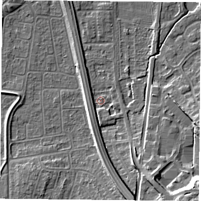 Shaded relief map of the ground around NG117DR, computed from Environment Agency LiDAR. The ground here sits at about 25 m above sea level and falls 19 m across the surrounding 800 m. Surface water reaching this point runs off ground lying to the south-south-east, 9.5 m higher.