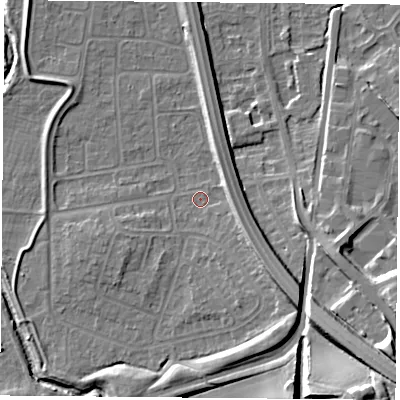 Shaded relief map of the ground around NG117DU, computed from Environment Agency LiDAR. The ground here sits at about 26 m above sea level and falls 19 m across the surrounding 800 m. Surface water reaching this point runs off ground lying to the south-east, 8.6 m higher.
