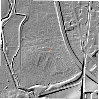 Shaded relief map of the ground around NG117DW, computed from Environment Agency LiDAR. The ground here sits at about 26 m above sea level and falls 19 m across the surrounding 800 m. Surface water reaching this point runs off ground lying to the south-west, 2.4 m higher.