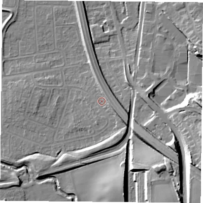 Shaded relief map of the ground around NG117DX, computed from Environment Agency LiDAR. The ground here sits at about 28 m above sea level and falls 21 m across the surrounding 800 m. Surface water reaching this point runs off ground lying to the south-east, 6.5 m higher.