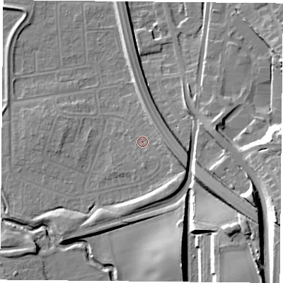 Shaded relief map of the ground around NG117DY, computed from Environment Agency LiDAR. The ground here sits at about 28 m above sea level and falls 20 m across the surrounding 800 m. Surface water reaching this point runs off ground lying to the east-south-east, 6.7 m higher.