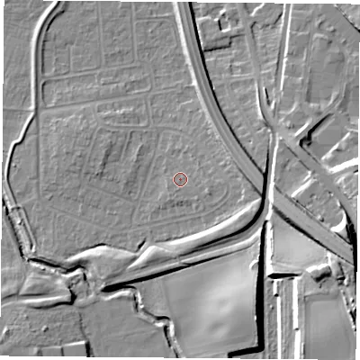 Shaded relief map of the ground around NG117DZ, computed from Environment Agency LiDAR. The ground here sits at about 28 m above sea level and falls 19 m across the surrounding 800 m. Surface water reaching this point runs off ground lying to the east-south-east, 1.1 m higher.