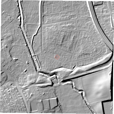 Shaded relief map of the ground around NG117EB, computed from Environment Agency LiDAR. The ground here sits at about 26 m above sea level and falls 17 m across the surrounding 800 m. Surface water reaching this point runs off ground lying to the east, 8.8 m higher.