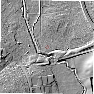 Shaded relief map of the ground around NG117ED, computed from Environment Agency LiDAR. The ground here sits at about 27 m above sea level and falls 18 m across the surrounding 800 m. Surface water reaching this point runs off ground lying to the south-south-west, 0.8 m higher.